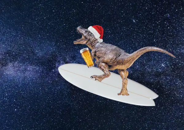 A T-rex in a santa hat with a nice cold pint surfing in space. This is cool.